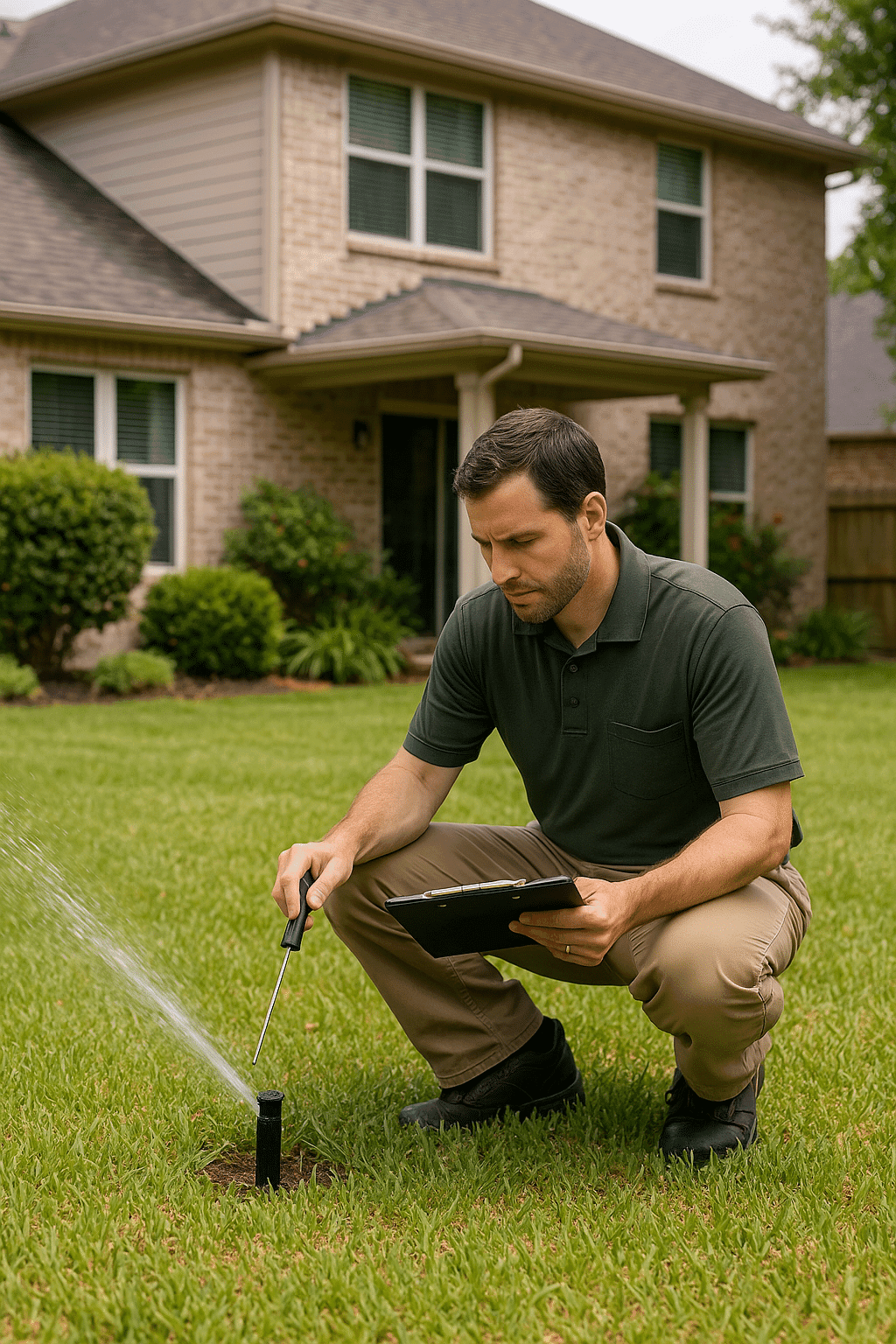 Irrigation Inspector in Katy, TX evaluating sprinkler system for efficiency.