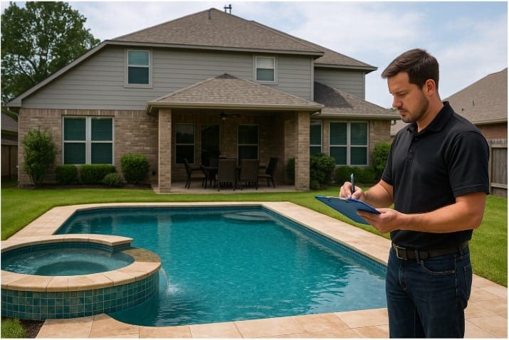 Katy TX backyard pool inspection – pump and filter visible