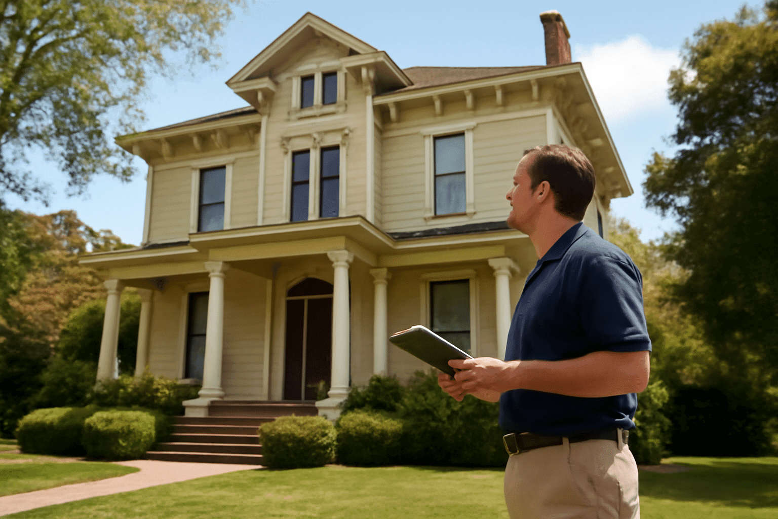 A home inspector examining the exterior of a charming, historic two-story home with Victorian or Colonial Revival elements in Richmond, TX